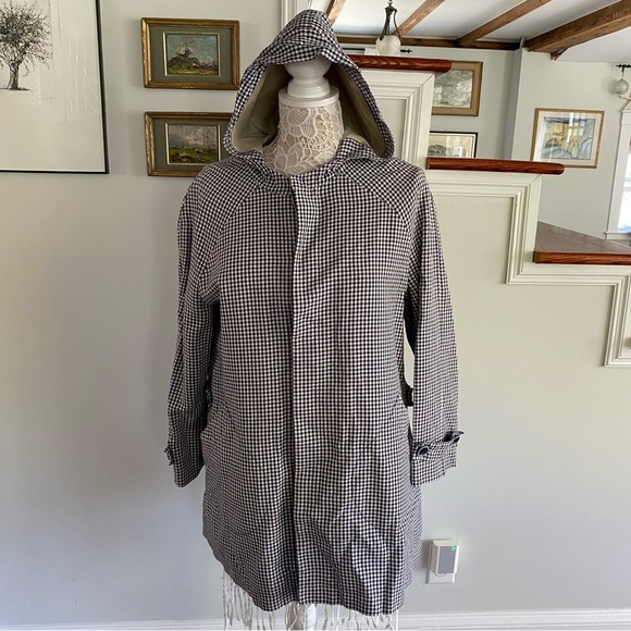 APC Navy Checkered Hooded Trench Coat Jacket Large - Picture 2 of 8